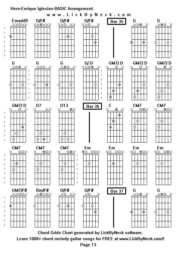 Chord Grids Chart of chord melody fingerstyle guitar song-Hero-Enrique Iglesias-BASIC Arrangement,generated by LickByNeck software.